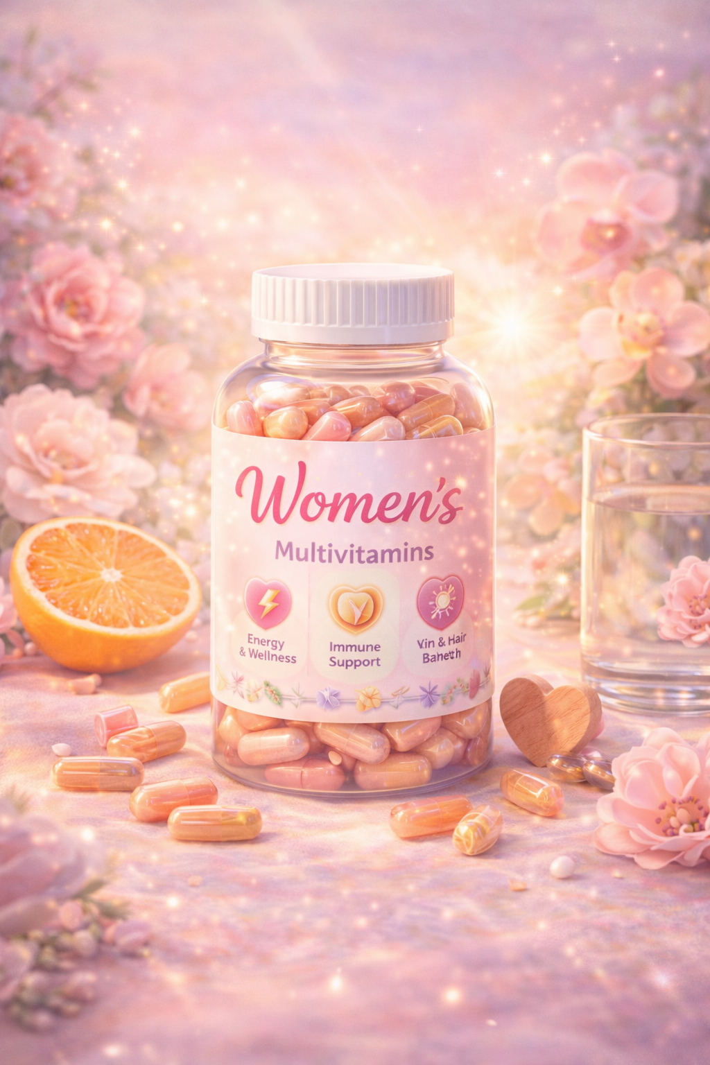 Bottle of women's multivitamins with colorful packaging on a floral background
